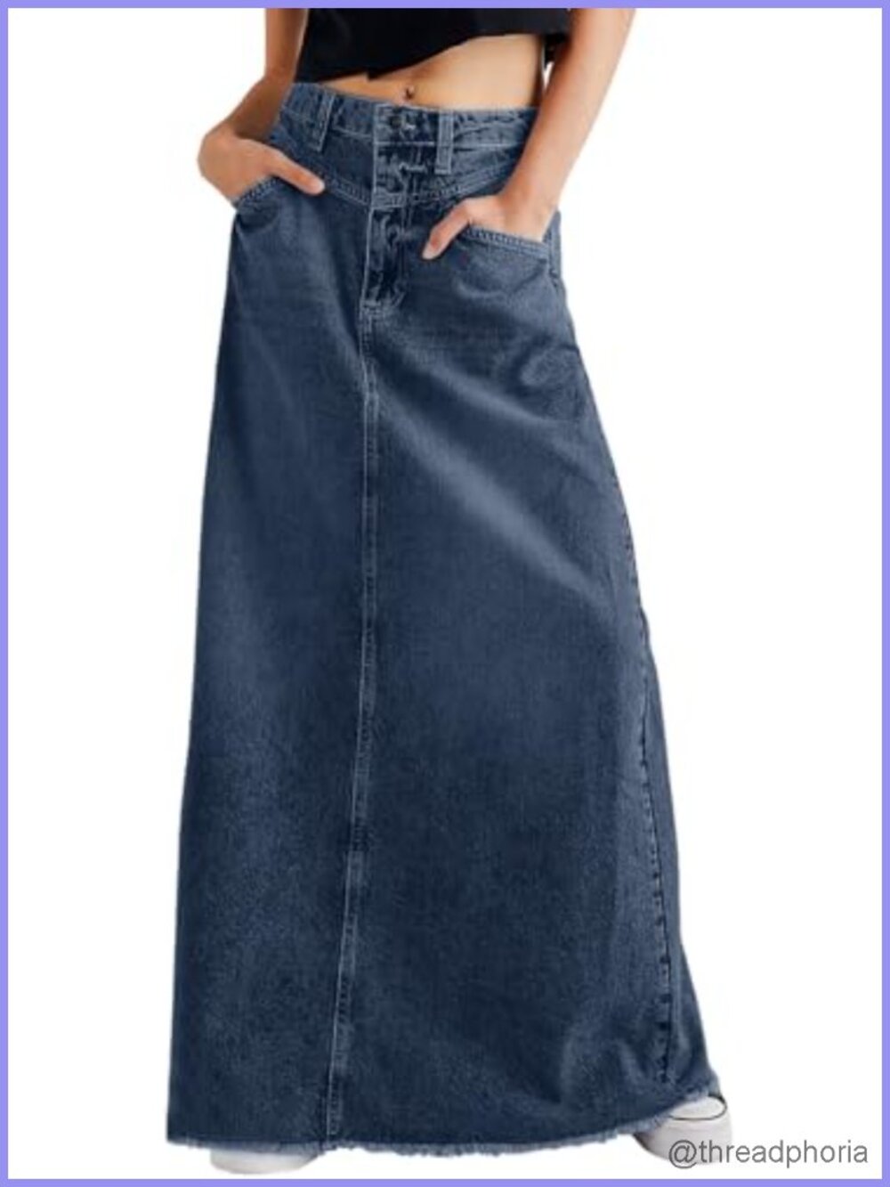 Women's Vintage Denim Maxi Skirt High Waist A-Line Raw Hem Long Jean Skirt